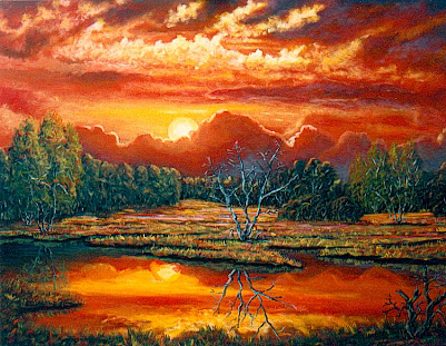 Moorgemlde vom Kunstmaler Hugo Reinhart  >>Sonnenuntergang ber dem Roten Moor<<