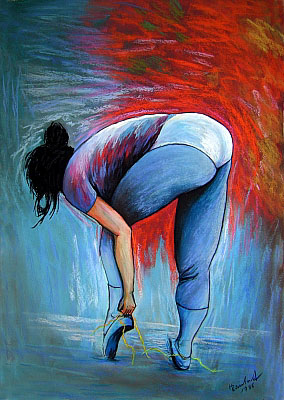 Frauengemlde vom Kunstmaler Hugo Reinhart  >>Tnzerin beim Schuhe binden<<