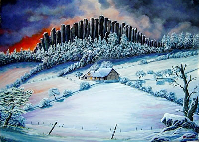 Winter-Gemlde vom Kunstmaler Hugo Reinhart  >>Winterabend Steinwand<<